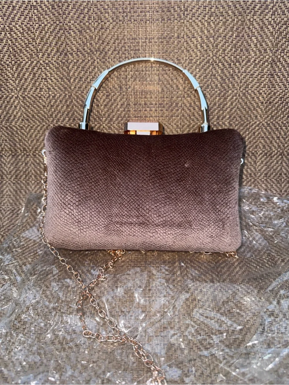 Ethnic Indian Wear Brown Evening Clutch with Gold Chain